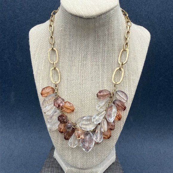 CHunky Statement Necklace Purple Mauve Pink Clear Faceted Gold Chain Barbie Soft - Picture 1 of 9